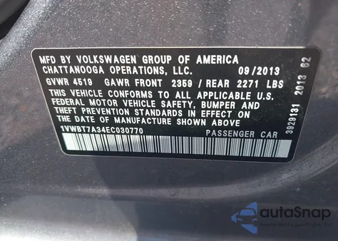 2014 Volkswagen Passat 1.8T Se из США, поврежденный, VIN 1VWBT7A34EC030770